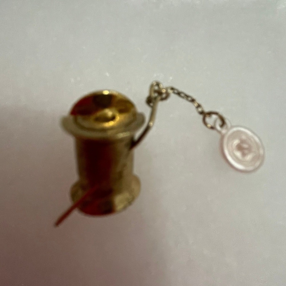 Avon Gold Tone Spool of Thread Needle and‎ Button Sewing Lapel Pin Vintage #756